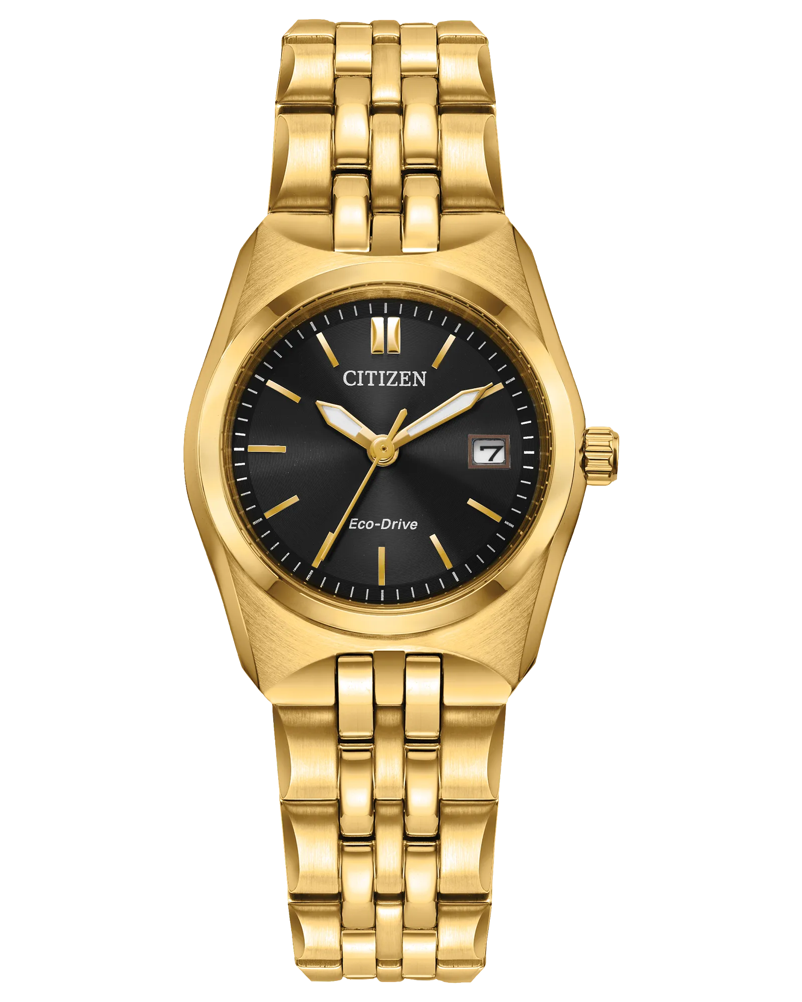 Citizen Corso | Eco-Drive Ladies Watch | Gold-Tone Stainless Steel | Black Dial | Date Display | WR100 Sport Classic - Brownee Jewelers
