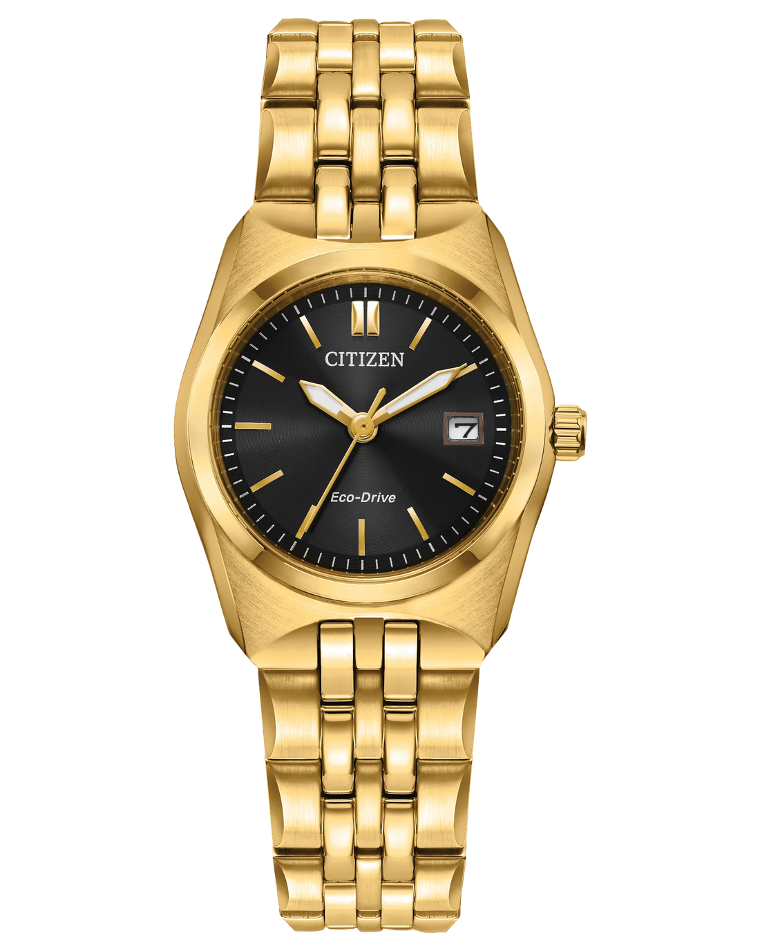Citizen Corso | Eco-Drive Ladies Watch | Gold-Tone Stainless Steel | Black Dial | Date Display | WR100 Sport Classic - Brownee Jewelers
