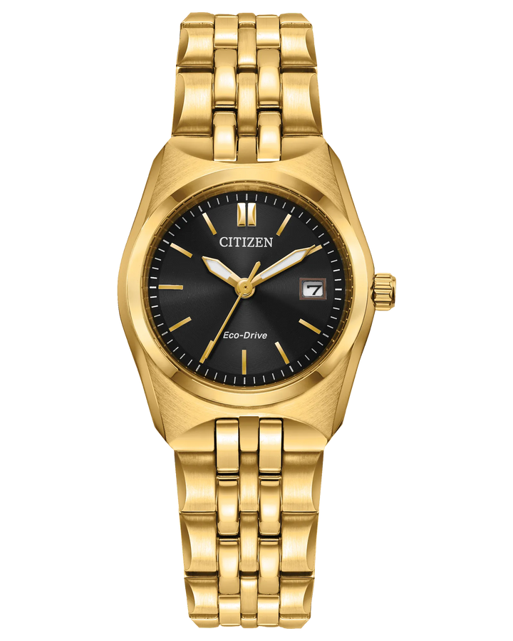 Citizen Corso | Eco-Drive Ladies Watch | Gold-Tone Stainless Steel | Black Dial | Date Display | WR100 Sport Classic - Brownee Jewelers