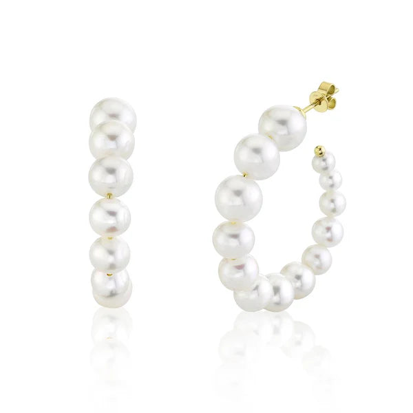Cultured Pearl Hoop Earrings | 14K Yellow Gold | Classic Beaded Pearl Hoops - Brownee Jewelers