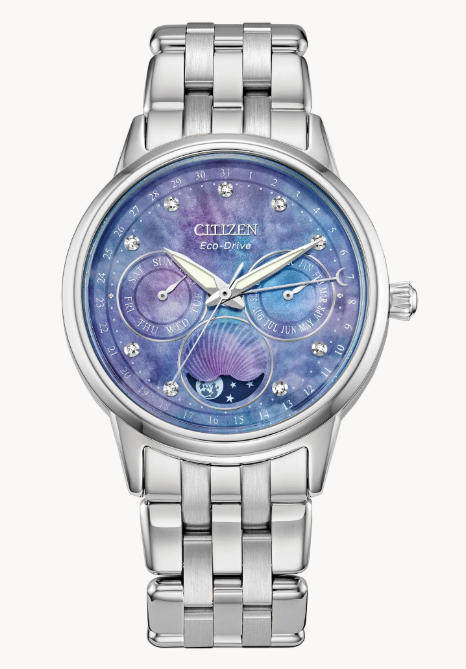 For a touch of modern elegance and functionality, the women’s Calendrier not only tracks the phases of the moon, but also displays the time, month, day, and date.