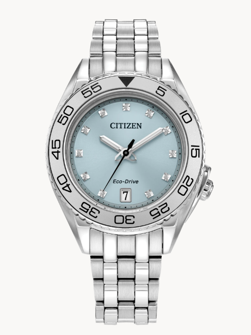  This women’s timepiece is designed to be versatile yet elevated and features a silver-tone stainless steel case and bracelet with a light blue 3-hand dial with 11 diamond accents and a sapphire crystal, date function and a deployment clasp with push buttons for easy accessibility.