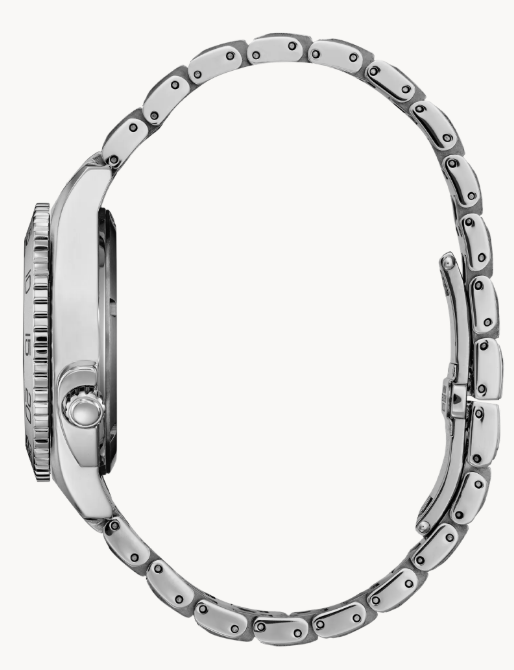  This women’s timepiece is designed to be versatile yet elevated and features a silver-tone stainless steel case and bracelet with a light blue 3-hand dial with 11 diamond accents and a sapphire crystal, date function and a deployment clasp with push buttons for easy accessibility.