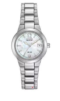 Mother of Pearl | Citizen Classic Eco-Drive Ladies Watch | Stainless Steel | White Dial Date Display | WR100 - Brownee Jewelers