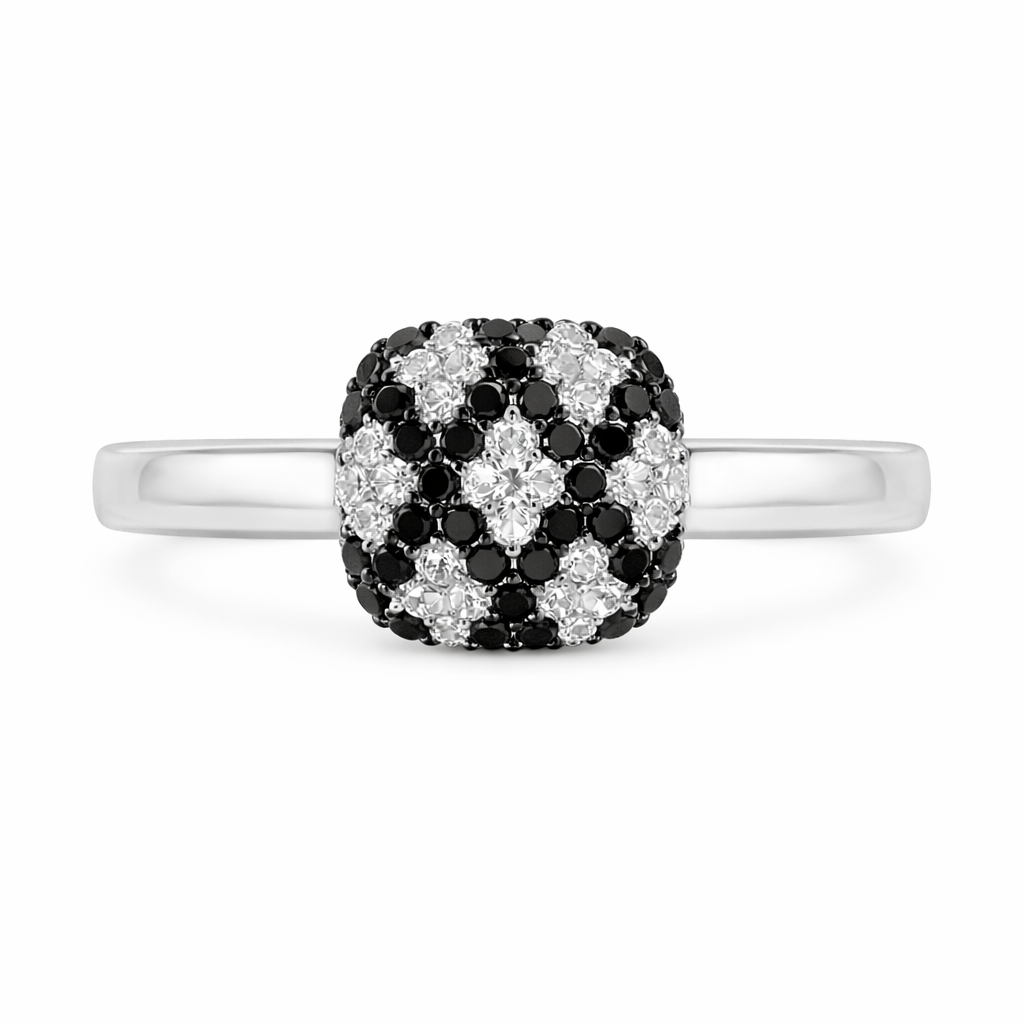 Black & White Diamond Checkerboard Ring | 14K White Gold | Round Brilliant Cluster Design - Brownee Jewelers