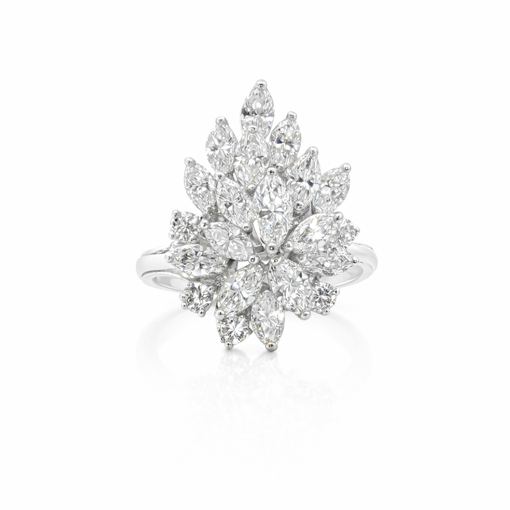 Marquise & Round Diamond Floral Ring | 1.60 ctw | 14K White Gold | Statement Cluster Ring - Brownee Jewelers