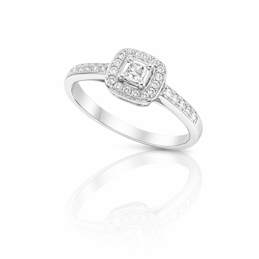 Round Diamond Halo Ring | 0.10 ct | 10K White Gold | Pavé Accent Diamond Ring - Brownee Jewelers