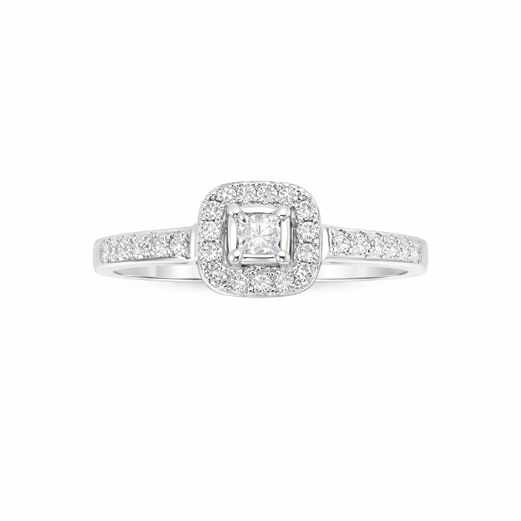 Round Diamond Halo Ring | 0.10 ct | 10K White Gold | Pavé Accent Diamond Ring - Brownee Jewelers