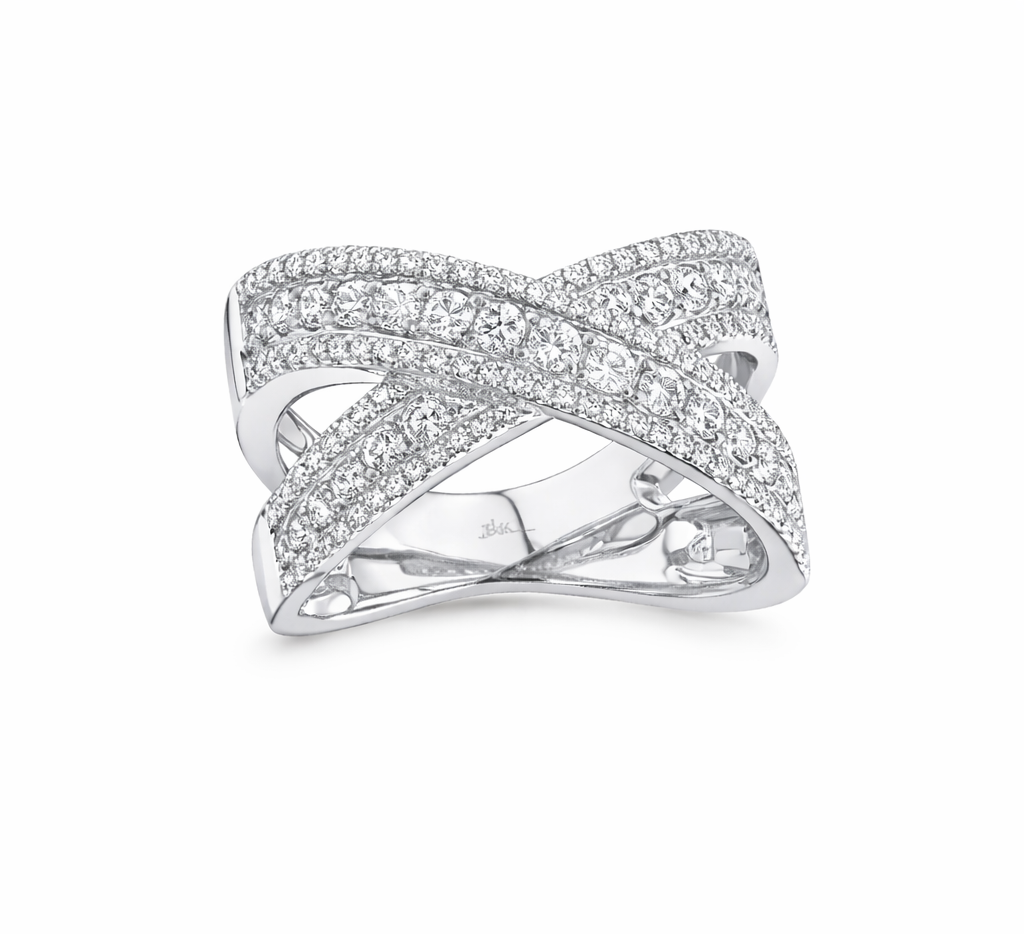 Round Brilliant Diamond Pavé Crisscross Ring | 14K White Gold | X Design Statement Band - Brownee Jewelers