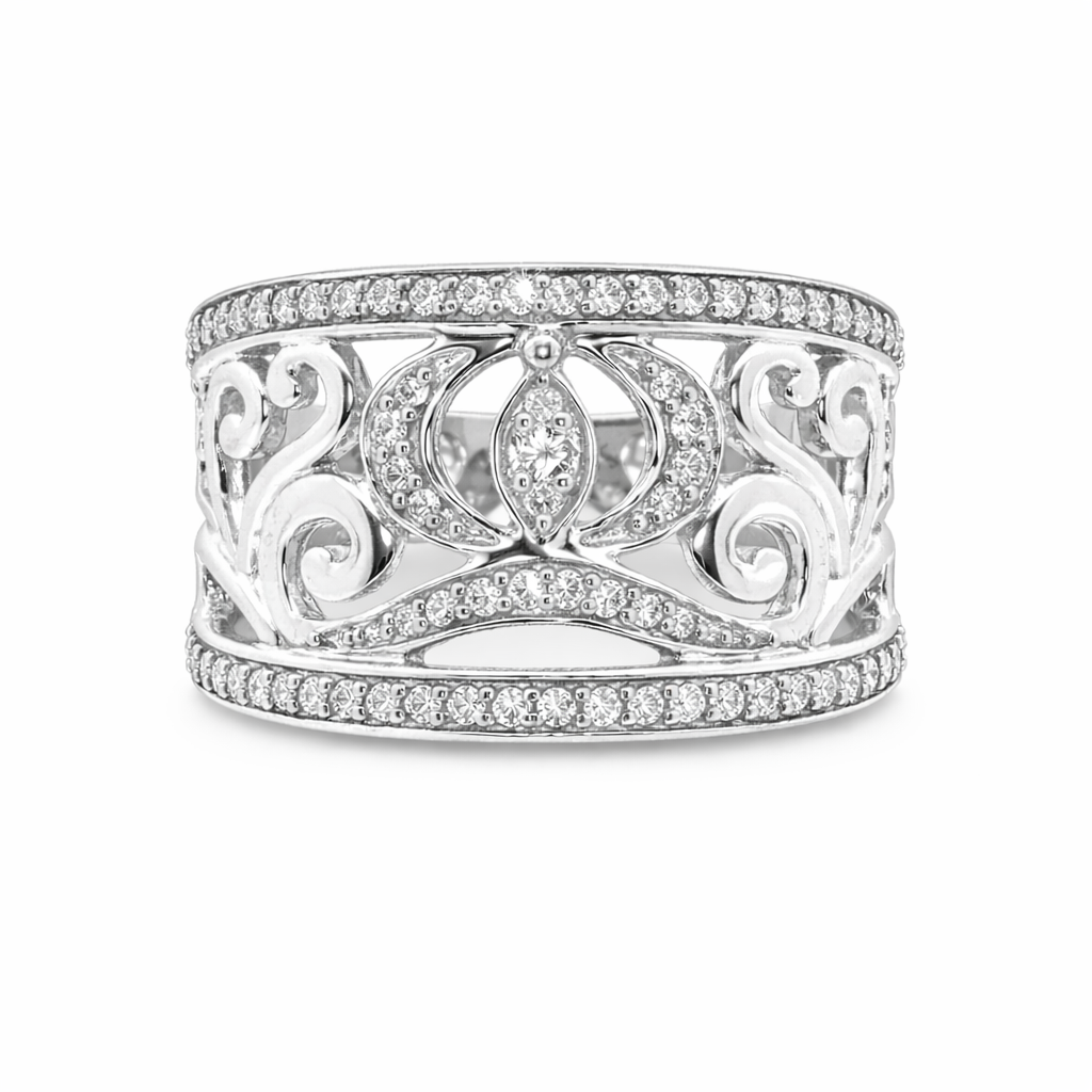 Round Brilliant Diamond Fancy Scroll Wide Band | 14K White Gold | Pavé Openwork Statement Ring - Brownee Jewelers