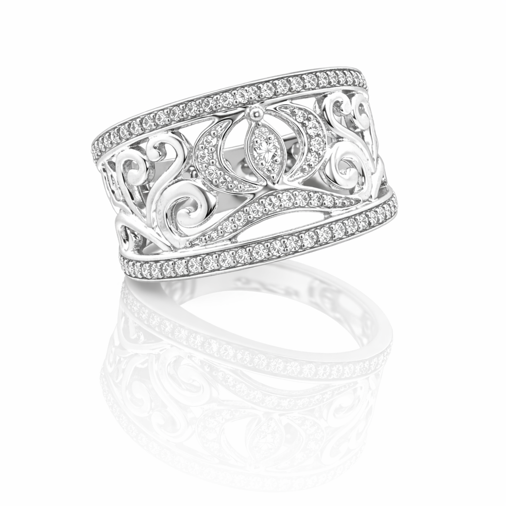 Round Brilliant Diamond Fancy Scroll Wide Band | 14K White Gold | Pavé Openwork Statement Ring - Brownee Jewelers