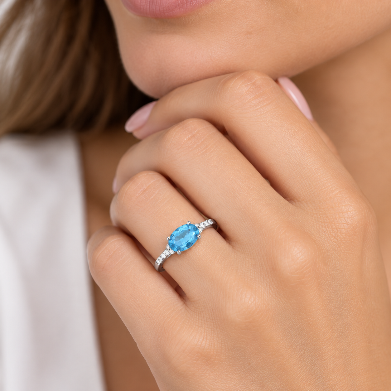 14K White Gold Oval Blue Topaz & Diamond Ring