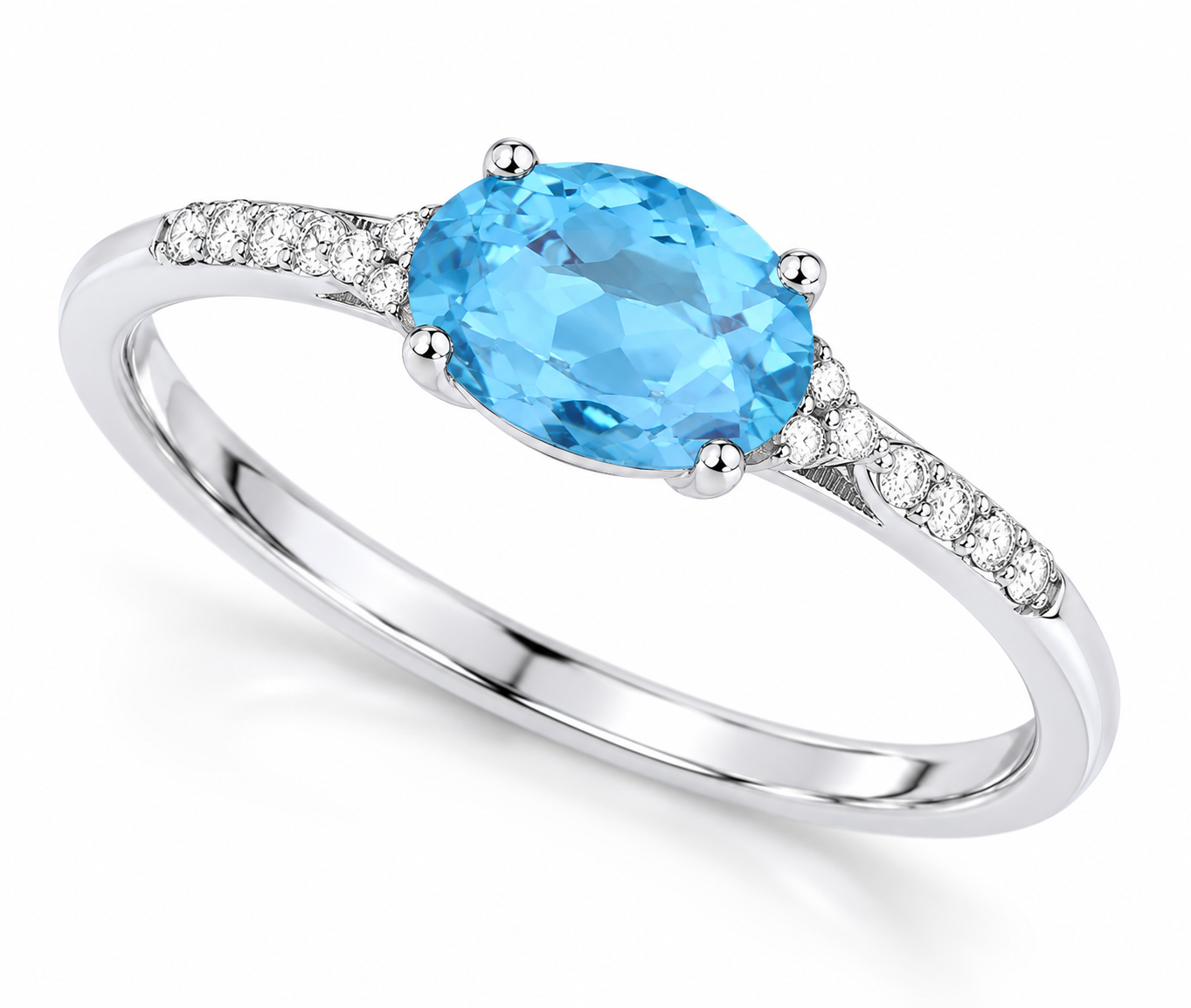 14K White Gold Oval Blue Topaz & Diamond Ring