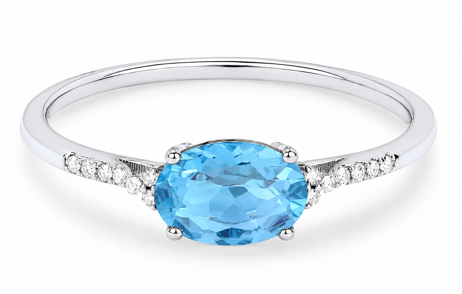 14K White Gold Oval Blue Topaz & Diamond Ring