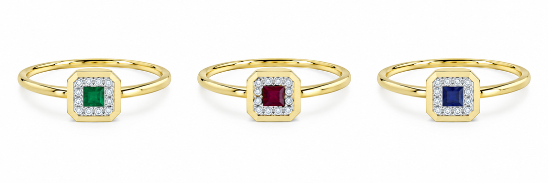 14 KARAT YELLOW GOLD SQUARE RUBY AND DIAMOND HALO RING 