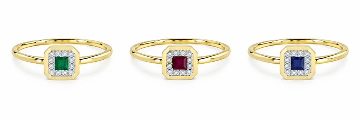 14KT YELLOW GOLD SQUARE VIVID RED BRILLIANT RUBY WITH A BRILLIANT CUT DIAMOND HALO - Brownee Jewelers