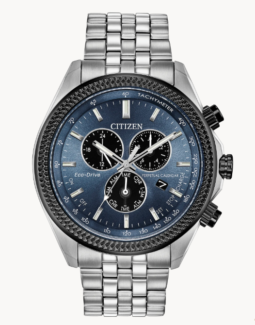 Taking it up a notch with the reinvented Citizen Perpetual Calendar Chrono timepiece with a 1/20 second chronograph, perpetual calendar and dual time in a stainless steel case and bracelet completed with a blue-gray dial.