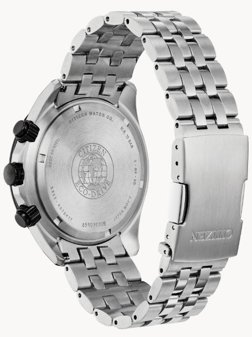 Taking it up a notch with the reinvented Citizen Perpetual Calendar Chrono timepiece with a 1/20 second chronograph, perpetual calendar and dual time in a stainless steel case and bracelet completed with a blue-gray dial.