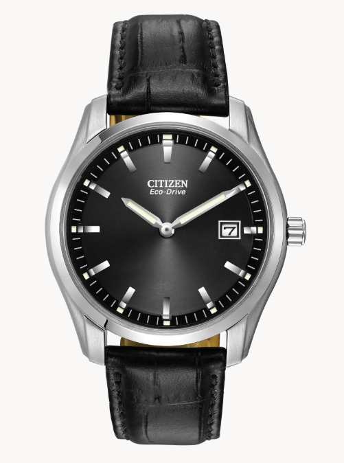 Crafted in stainless steel with a black dial, luminous hands, date indicator and sophisticated black leather strap. Featuring our Eco-Drive technology – powered by light, any light.