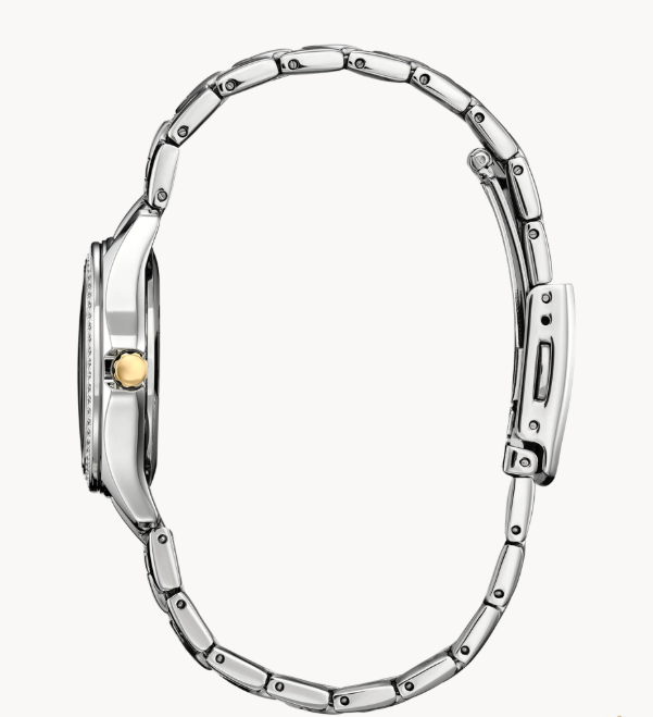 Crystal Women’s Eco-Drive Two-Tone Stainless Steel Watch | Silver Dial | Crystal Bezel | Date - Brownee Jewelers