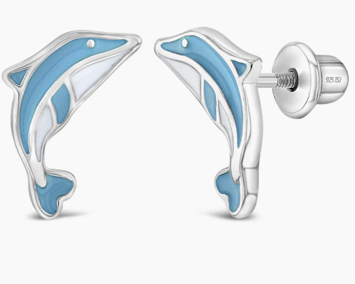 KIDS SCREW BACK EARRINGS BLUE AND WHITE DOLPHIN - Brownee Jewelers