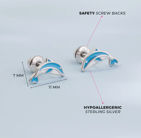 KIDS SCREW BACK EARRINGS BLUE AND WHITE DOLPHIN - Brownee Jewelers