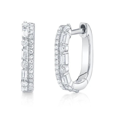 Diamond Baguette Oval Huggie Earrings | 14K White Gold | 0.31 ctw | Hinged Hoop Earrings - Brownee Jewelers