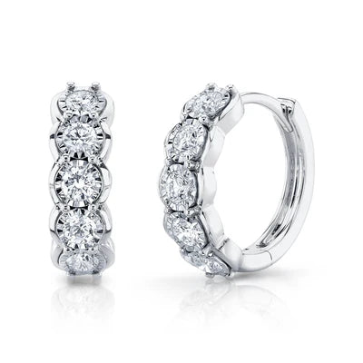 Diamond Huggie Earrings | 14K White Gold | 0.60 ctw | Hinged Hoop Earrings - Brownee Jewelers