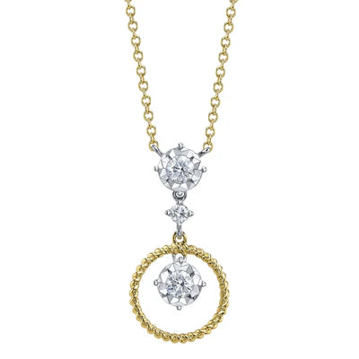 Diamond Drop Circle Necklace | 14K Two-Tone Yellow & White Gold | 0.28 ctw | Modern Halo Pendant Necklace - Brownee Jewelers