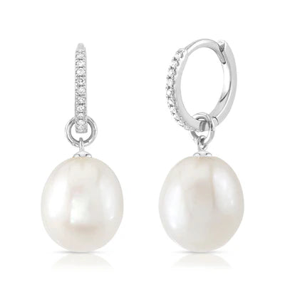 Diamond & Cultured Pearl Drop Earrings | 14K White Gold | 0.06 ctw | Pearl Dangle Earrings - Brownee Jewelers