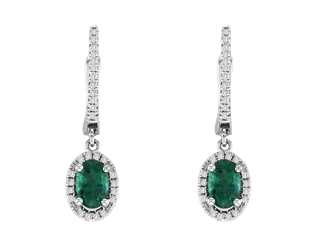 14K white Gold .75ct Oval Emerald & .18ct Diamond Dangle Earrings