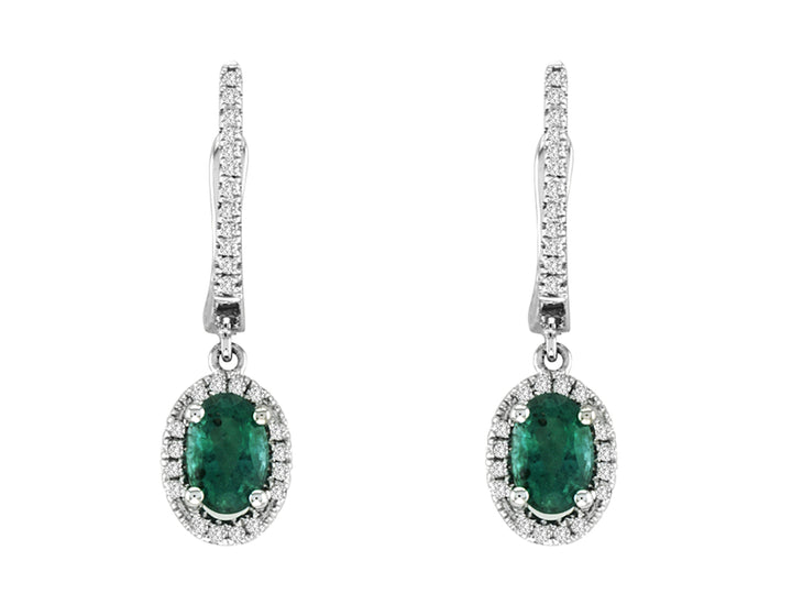 14K white Gold .75ct Oval Emerald & .18ct Diamond Dangle Earrings