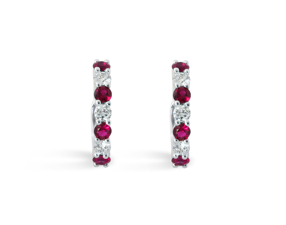 14K White Gold .58ct Ruby & .37ct Diamond Huggie Earrings