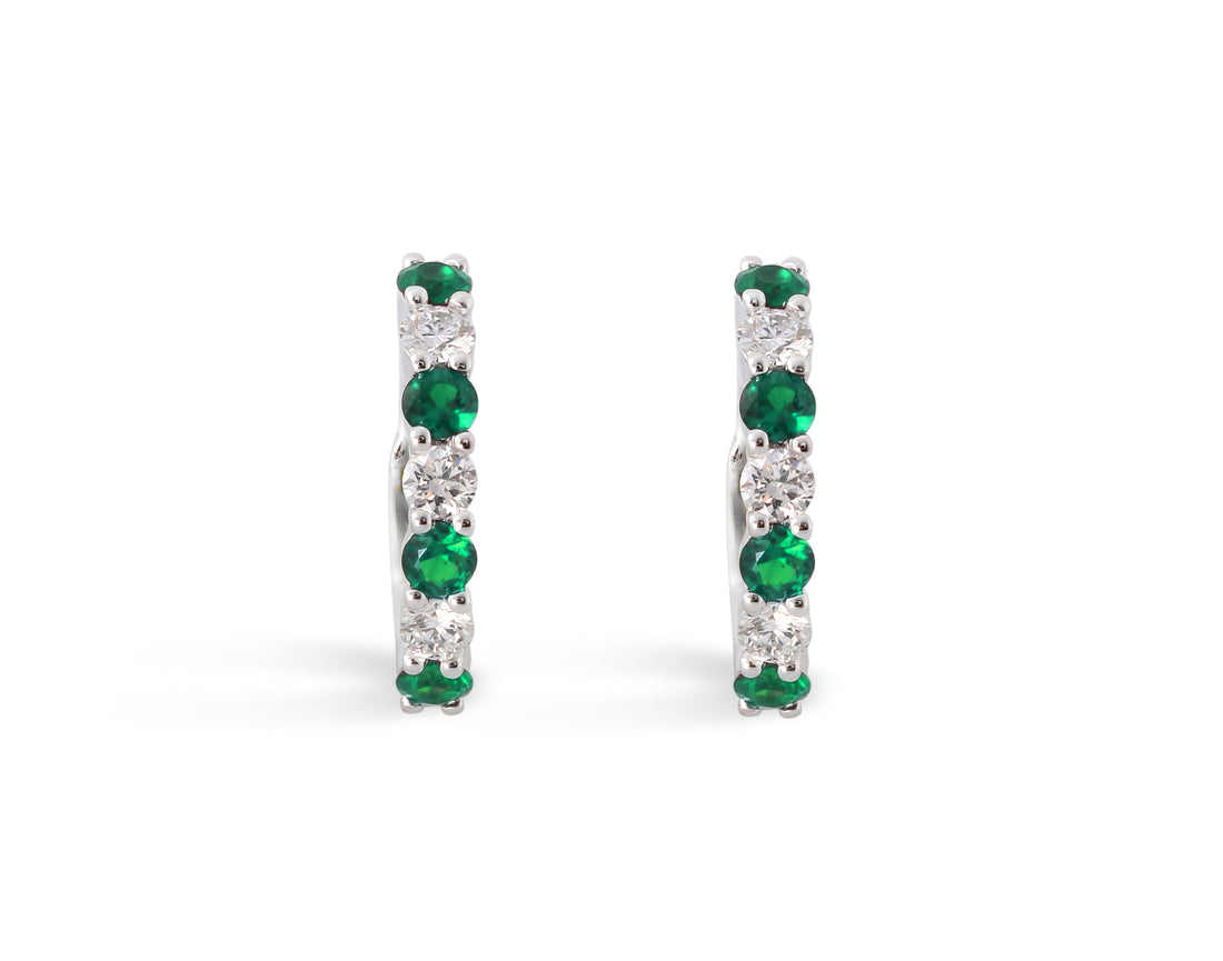 14K White Gold .51ct Emerald & .39ct Diamond Huggie Earrings