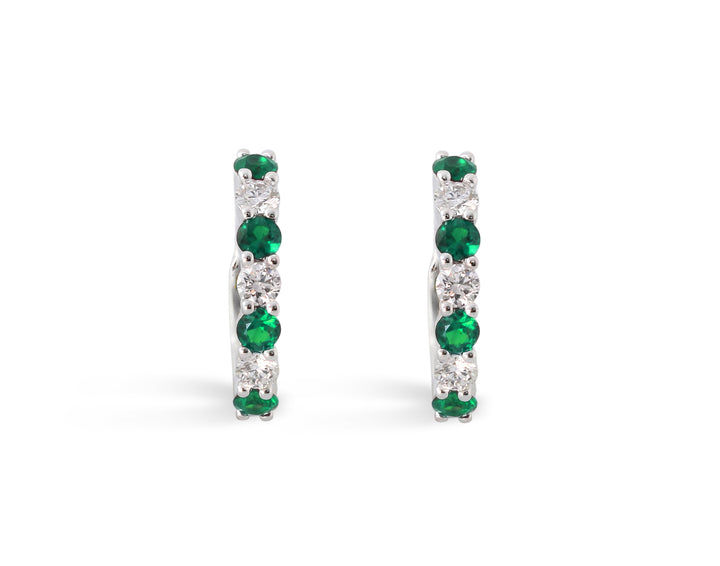 14K White Gold .51ct Emerald & .39ct Diamond Huggie Earrings