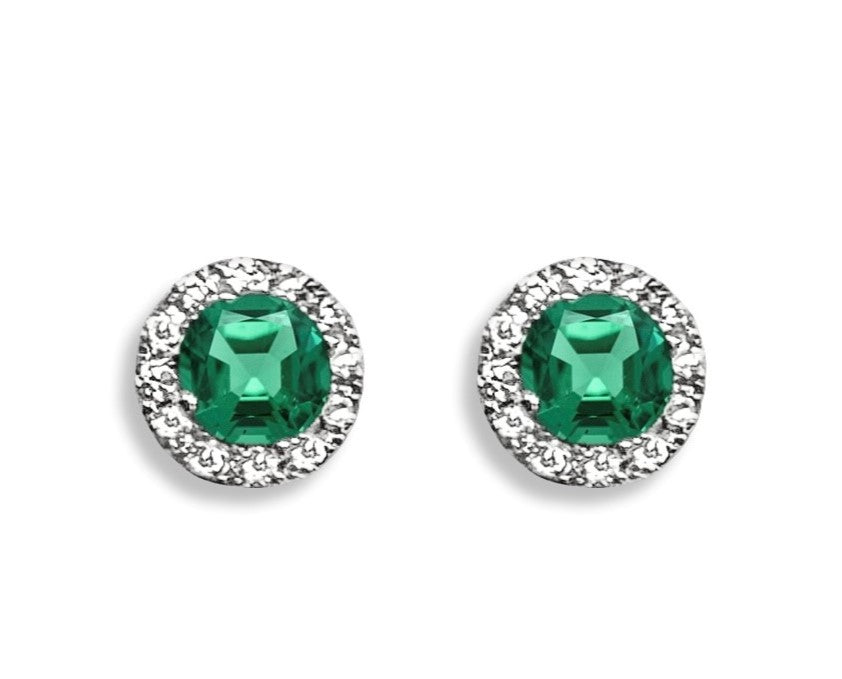 14K White Gold .70ct Emerald & .15ct Diamond Halo Stud Earrings