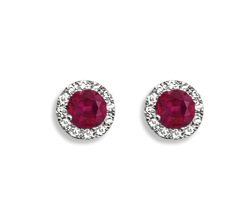 14K White Gold .83ct Ruby & .15ct Diamond Halo Stud Earrings