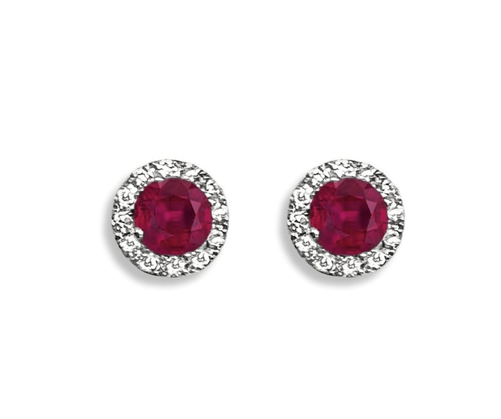 14K White Gold .83ct Ruby & .15ct Diamond Halo Stud Earrings