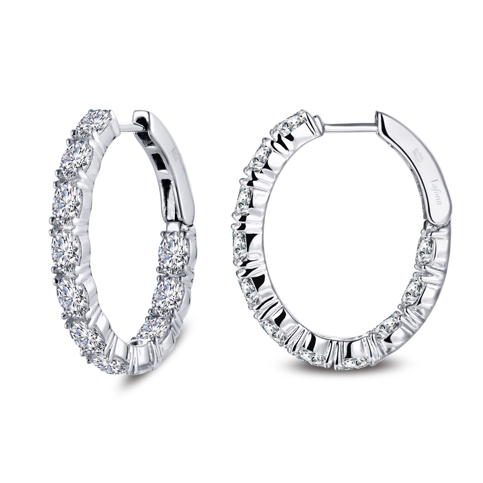 Fun and elegant. These inside out oval hoop earrings are set with Lafonn's signature Lassaire simulated diamonds in sterling silver bonded with platinum. 20 mm x 25 mm Oval.