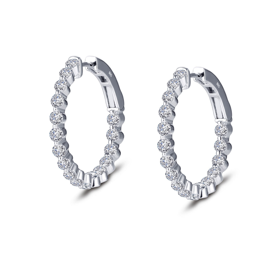 Classic hoops for every occasion. These inside out hoop earrings are set with Lafonn's signature Lassaire simulated diamonds in sterling silver bonded with platinum. 25 mm diameter.