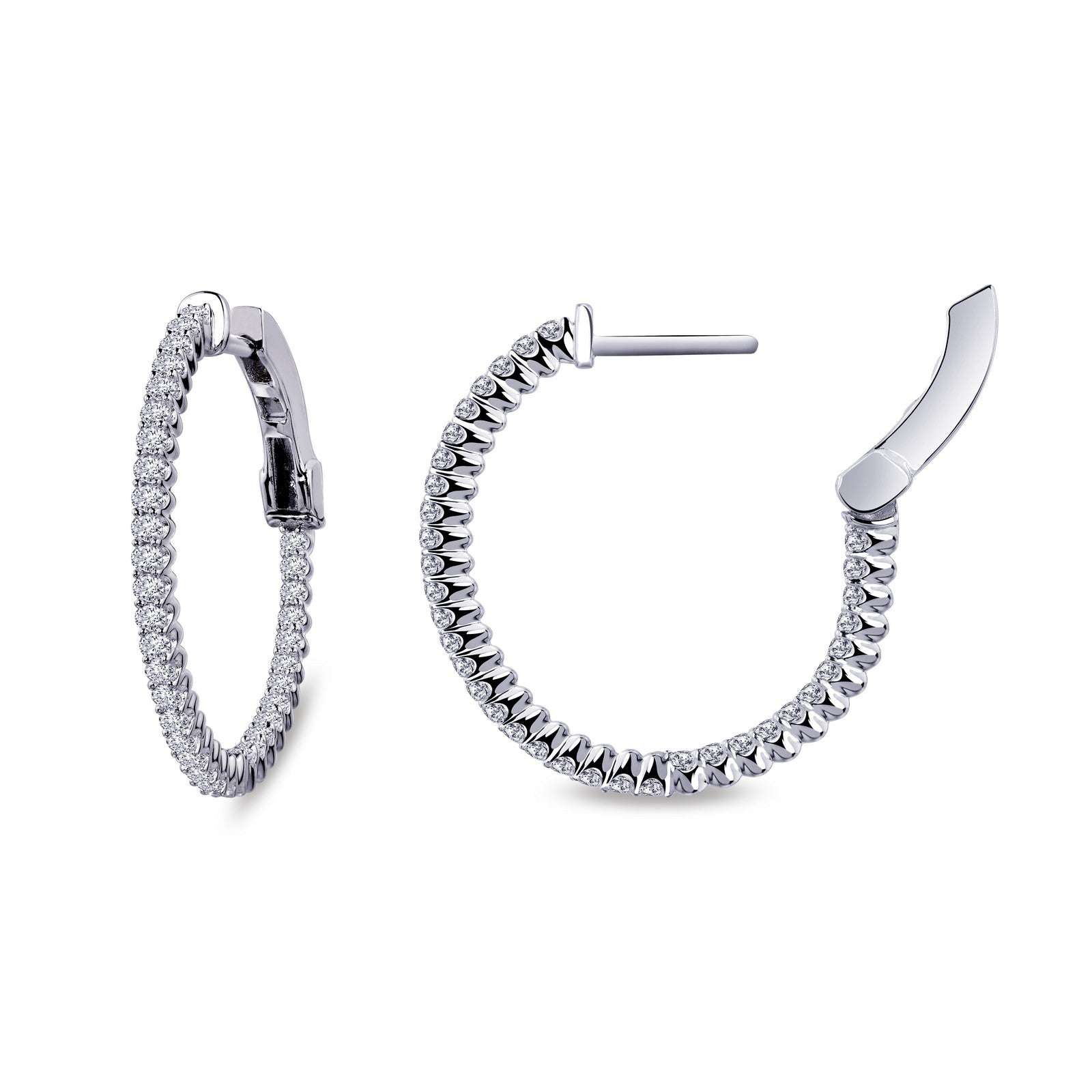 Fun and elegant. These inside out hoop earrings are set with Lafonn's signature Lassaire simulated diamonds in sterling silver bonded with platinum. 20 mm diameter