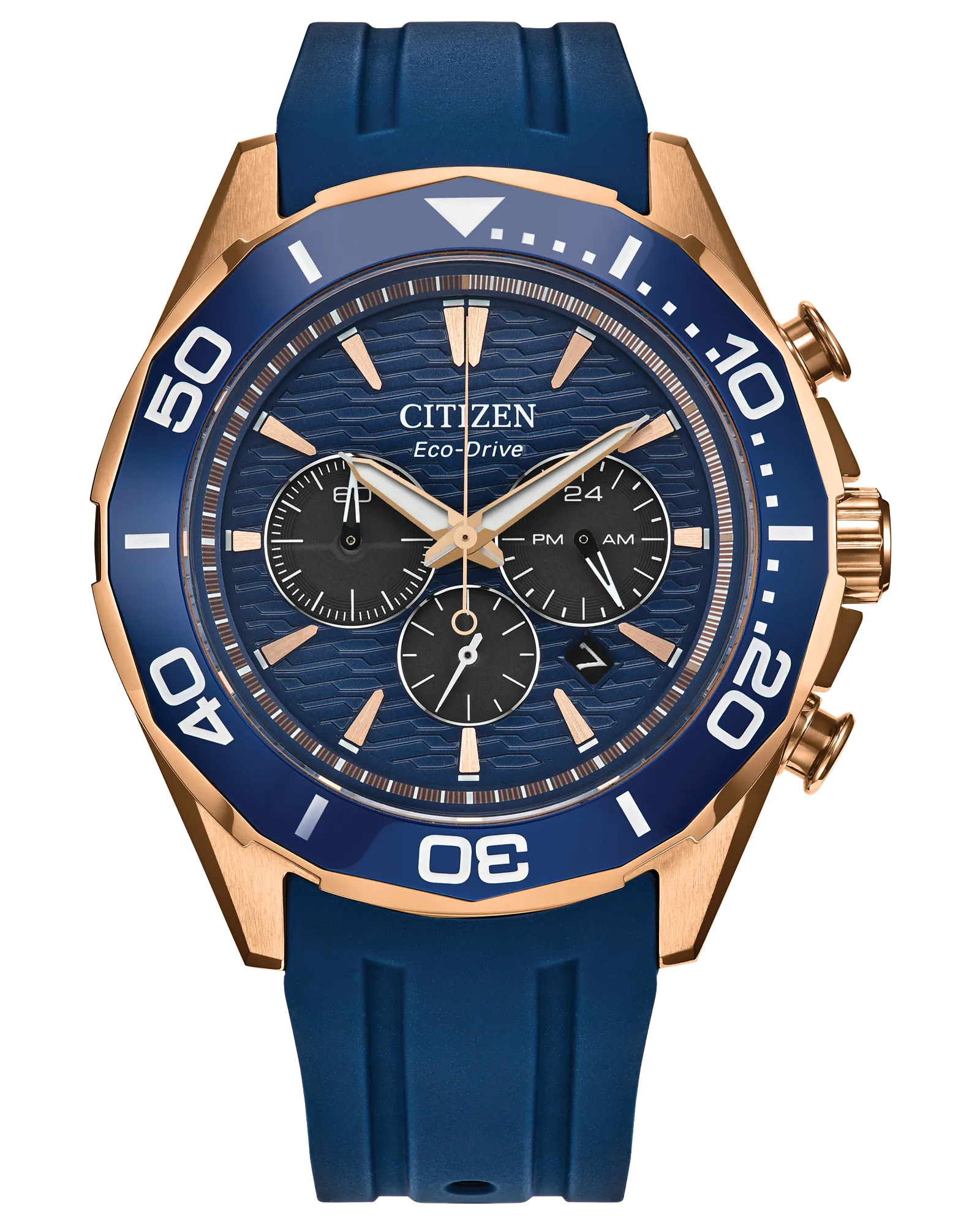 Sport Luxury | Citizen Eco-Drive Chronograph Watch | Rose Gold-Tone Stainless Steel | Blue Dial & Strap | WR100 - Brownee Jewelers