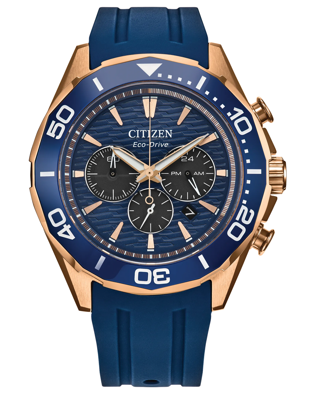 Sport Luxury | Citizen Eco-Drive Chronograph Watch | Rose Gold-Tone Stainless Steel | Blue Dial & Strap | WR100 - Brownee Jewelers