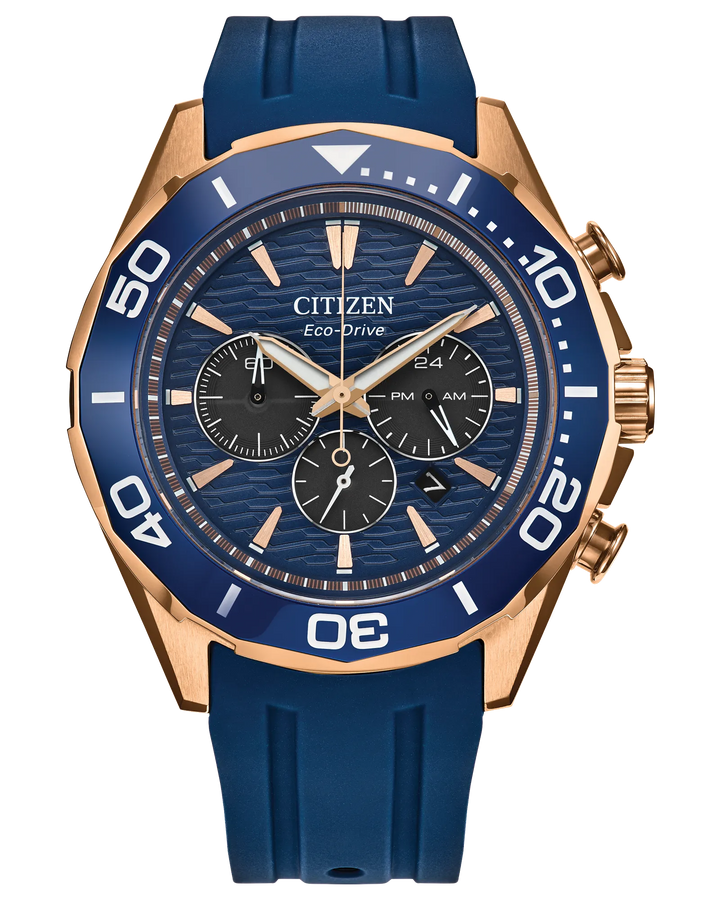Sport Luxury | Citizen Eco-Drive Chronograph Watch | Rose Gold-Tone Stainless Steel | Blue Dial & Strap | WR100 - Brownee Jewelers