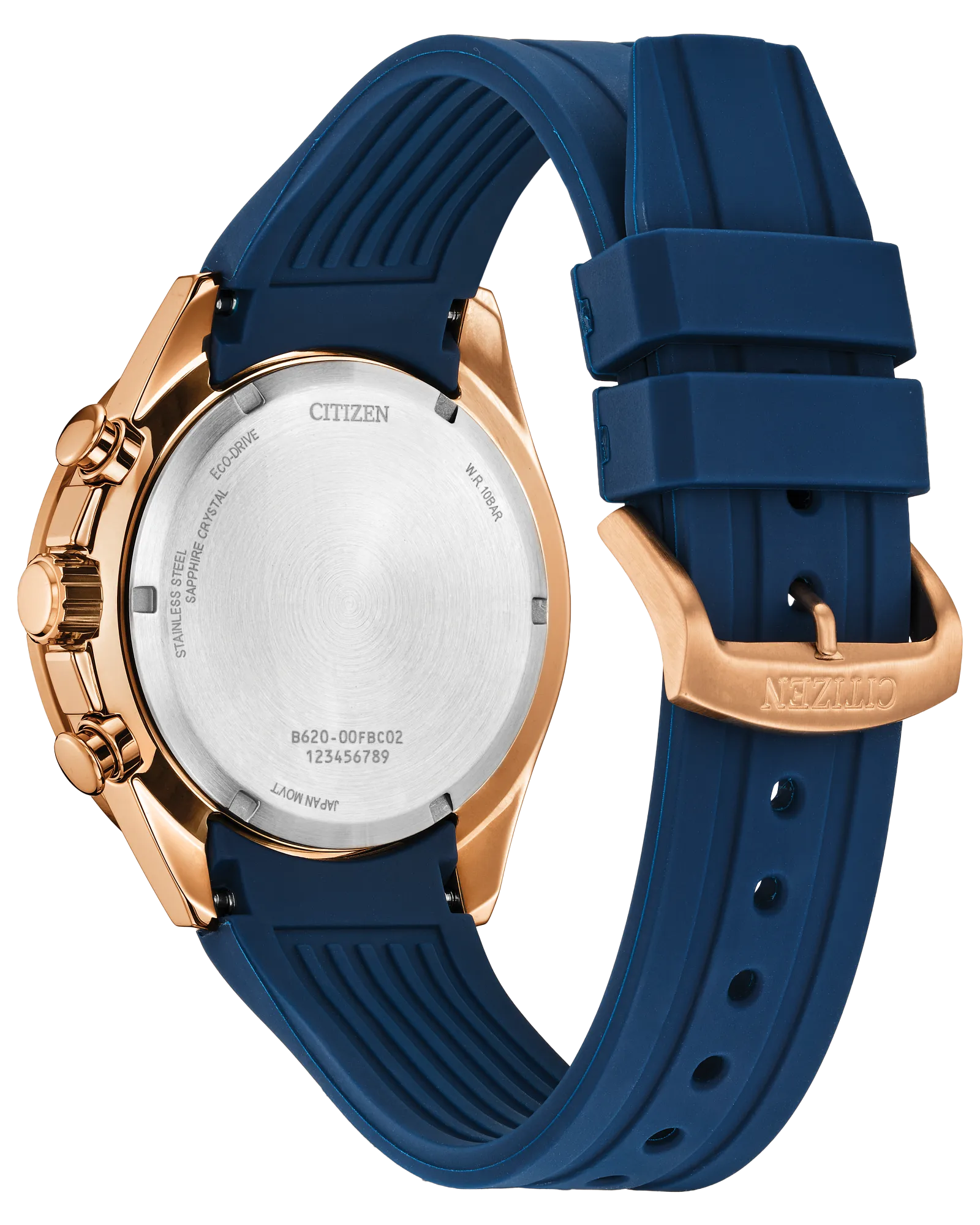 Sport Luxury | Citizen Eco-Drive Chronograph Watch | Rose Gold-Tone Stainless Steel | Blue Dial & Strap | WR100 - Brownee Jewelers