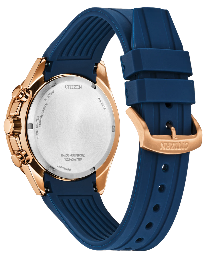 Sport Luxury | Citizen Eco-Drive Chronograph Watch | Rose Gold-Tone Stainless Steel | Blue Dial & Strap | WR100 - Brownee Jewelers