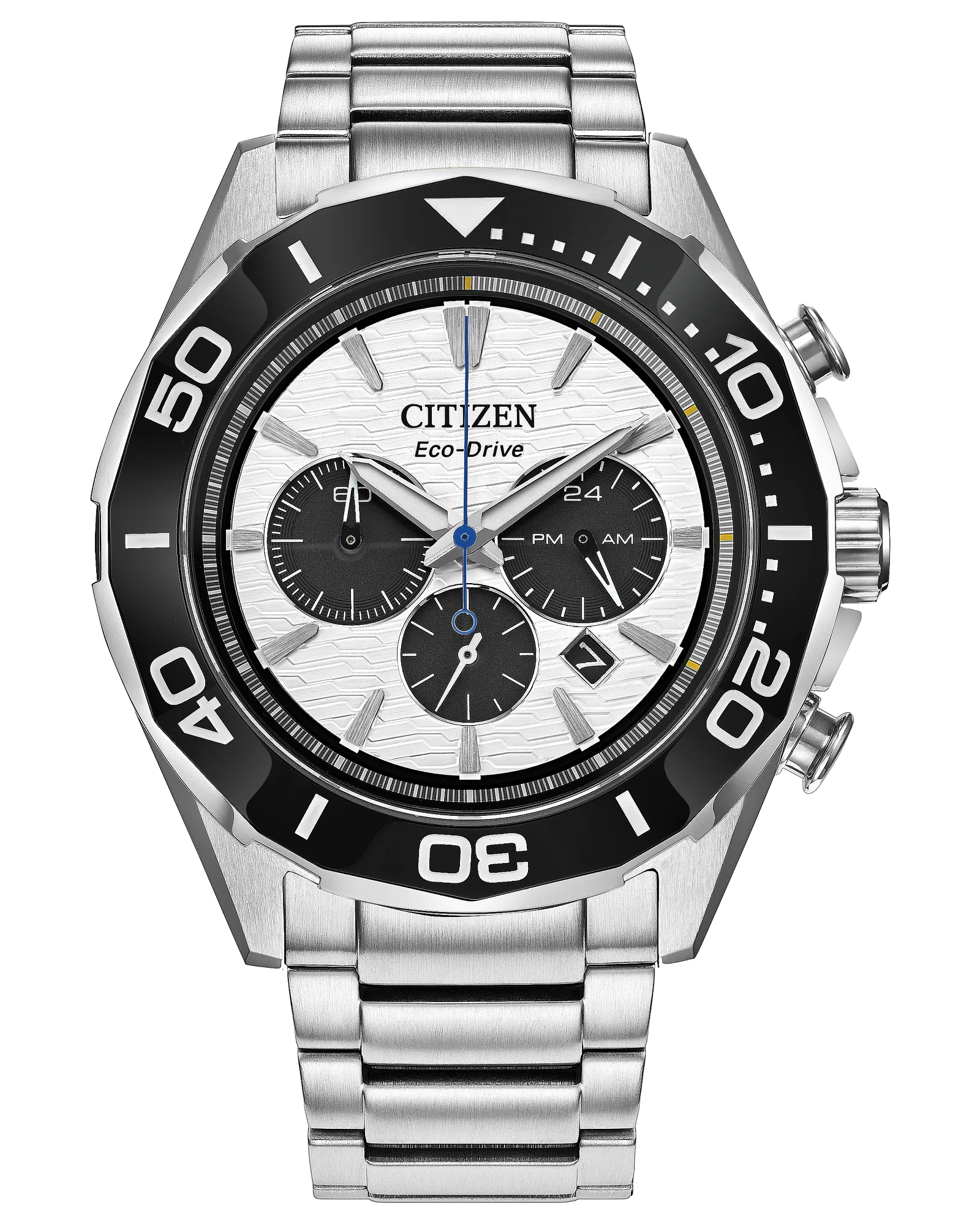 Endeavor Chrono | Eco-Drive Chronograph Watch | Stainless Steel | White Dial | WR100 Bracelet Sport Design | CA4730-59A - Brownee Jewelers