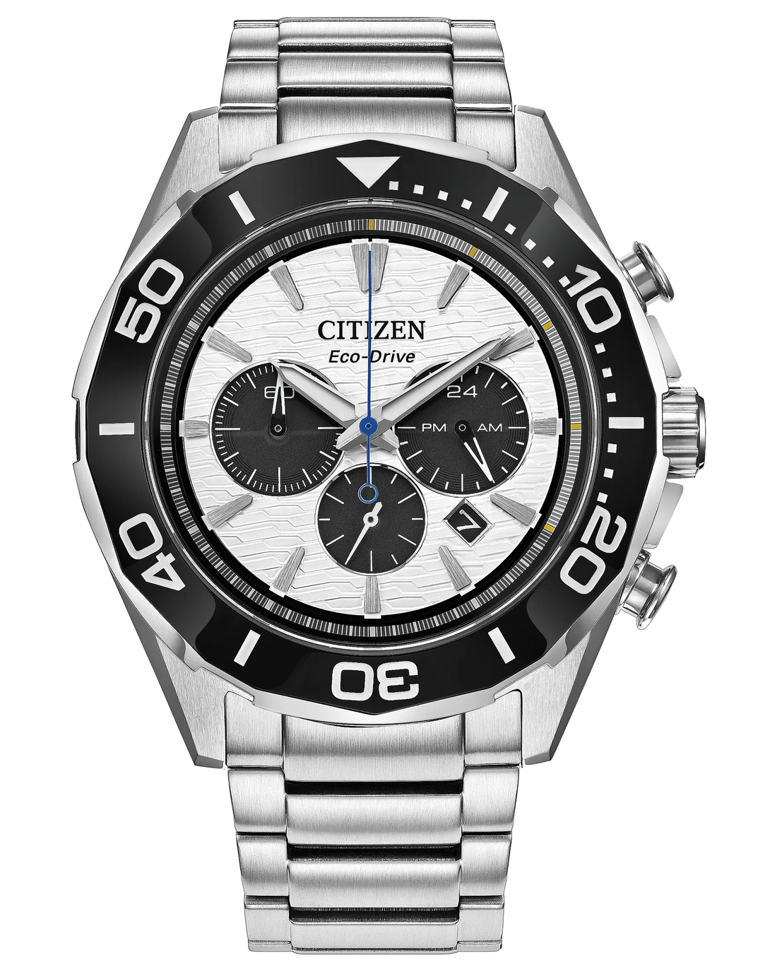 Endeavor Chrono | Eco-Drive Chronograph Watch | Stainless Steel | White Dial | WR100 Bracelet Sport Design | CA4730-59A - Brownee Jewelers