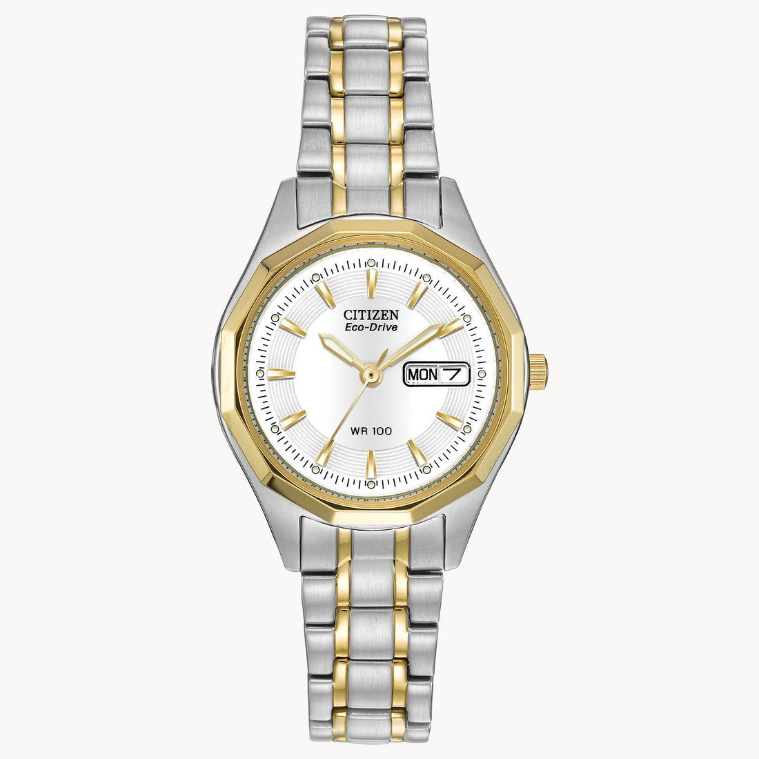 An unexpected 12-sided bezel lends a dash of extra style to this 3-hand Citizen Eco-Drive in stainless steel two-tone with 27mm screw-back case.