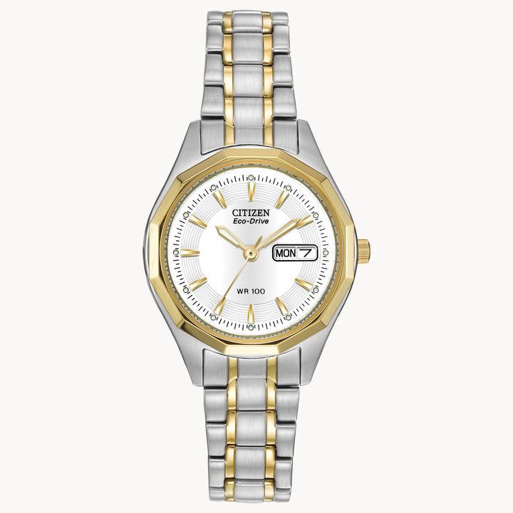 An unexpected 12-sided bezel lends a dash of extra style to this 3-hand Citizen Eco-Drive in stainless steel two-tone with 27mm screw-back case.